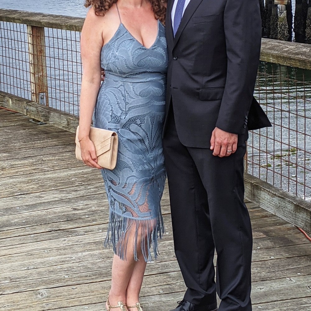 Gray blue lace open back cocktail dress